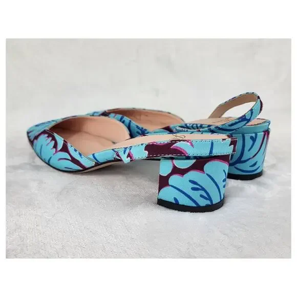 J.Crew Floral Slingback Heels Blue Purple Fabric Pumps Pointed Toe | 5.5 - Picture 10 of 15